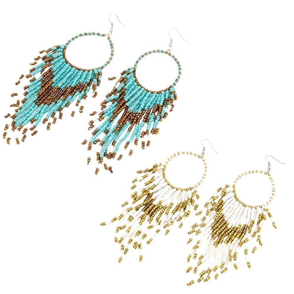Bohemian Beaded Tassel Hoop Earrings Various Colors NEW